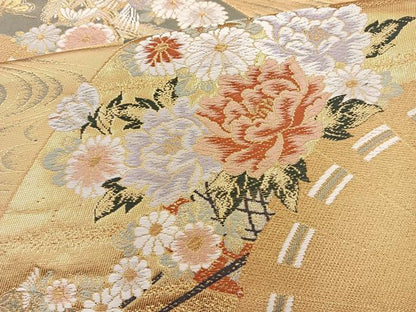 平和屋着物◎六通柄袋帯 唐織 扇面流水花文 金糸 正絹 逸品 BAAQ9918cm