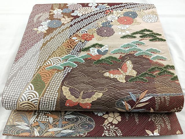 平和屋着物◎六通柄袋帯 唐織 浜松花蝶文 金糸 正絹 逸品 BAAQ9928cm