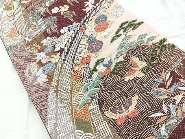 平和屋着物◎六通柄袋帯 唐織 浜松花蝶文 金糸 正絹 逸品 BAAQ9928cm