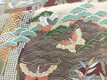 平和屋着物◎六通柄袋帯 唐織 浜松花蝶文 金糸 正絹 逸品 BAAQ9928cm