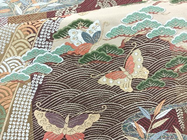 平和屋着物◎六通柄袋帯 唐織 浜松花蝶文 金糸 正絹 逸品 BAAQ9928cm
