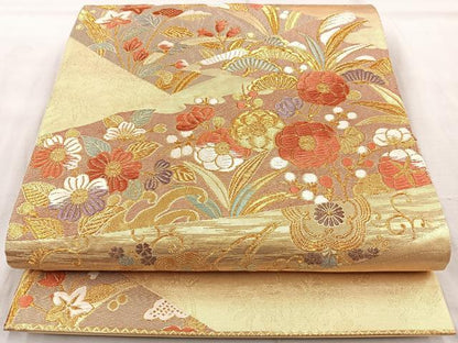平和屋着物◎六通柄袋帯 唐織 松皮取春秋草花文 金糸 正絹 逸品 BAAQ9938cm