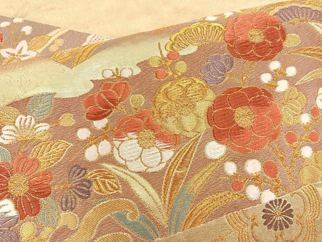 平和屋着物◎六通柄袋帯 唐織 松皮取春秋草花文 金糸 正絹 逸品 BAAQ9938cm