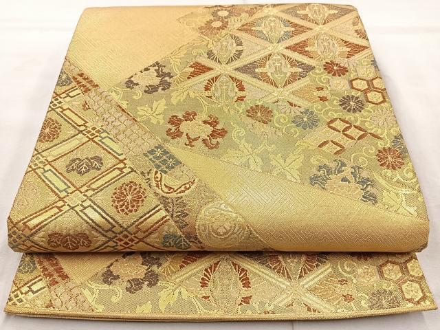平和屋着物◎佐賀錦 六通柄袋帯 吉祥花文 金糸 正絹 逸品 BAAQ9950cm