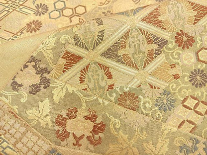平和屋着物◎佐賀錦 六通柄袋帯 吉祥花文 金糸 正絹 逸品 BAAQ9950cm