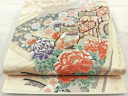 平和屋着物◎六通柄袋帯 唐織 御所車花文 金糸 正絹 逸品 BAAQ9955cm