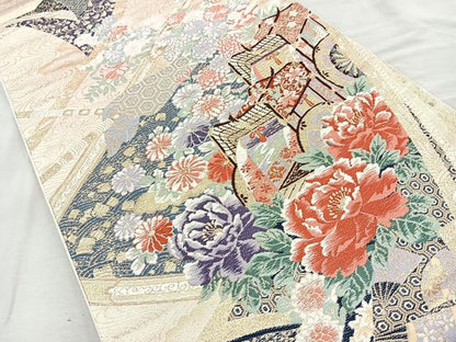 平和屋着物◎六通柄袋帯 唐織 御所車花文 金糸 正絹 逸品 BAAQ9955cm