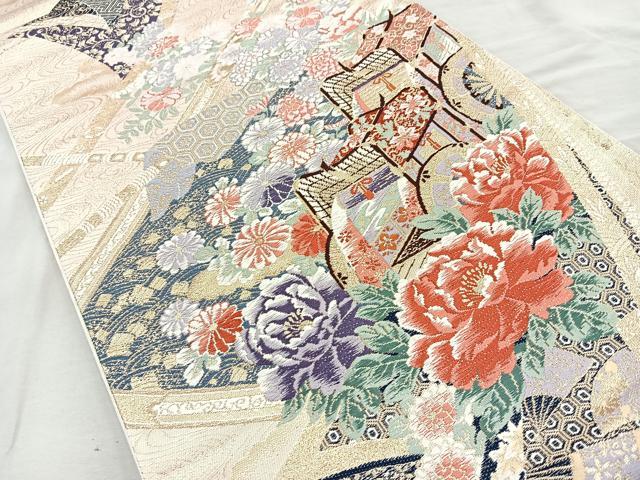 平和屋着物◎六通柄袋帯 唐織 御所車花文 金糸 正絹 逸品 BAAQ9955cm
