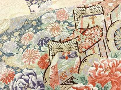 平和屋着物◎六通柄袋帯 唐織 御所車花文 金糸 正絹 逸品 BAAQ9955cm