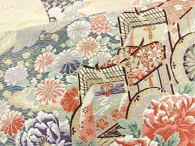 平和屋着物◎六通柄袋帯 唐織 御所車花文 金糸 正絹 逸品 BAAQ9955cm