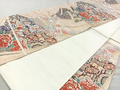 平和屋着物◎六通柄袋帯 唐織 御所車花文 金糸 正絹 逸品 BAAQ9955cm