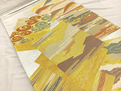 平和屋着物◎六通柄袋帯 色紙流水文 金銀糸 正絹 逸品 BAAQ9959cm