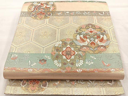平和屋着物◎六通柄袋帯 花鳥唐草丸文 金銀糸 正絹 逸品 BAAQ9971cm