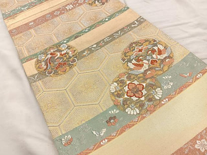 平和屋着物◎六通柄袋帯 花鳥唐草丸文 金銀糸 正絹 逸品 BAAQ9971cm