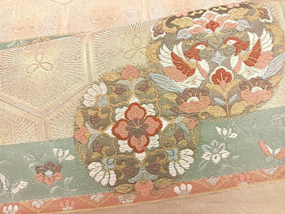 平和屋着物◎六通柄袋帯 花鳥唐草丸文 金銀糸 正絹 逸品 BAAQ9971cm