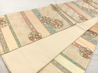 平和屋着物◎六通柄袋帯 花鳥唐草丸文 金銀糸 正絹 逸品 BAAQ9971cm