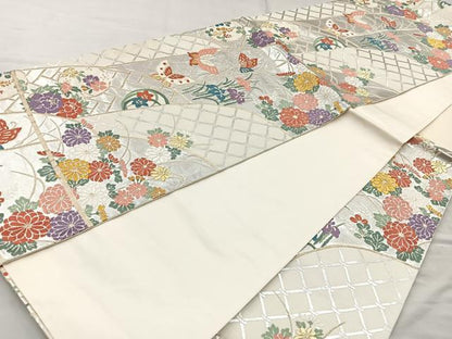 平和屋着物◎六通柄袋帯 唐織 花蝶文 金銀糸 正絹 逸品 BAAQ9989cm