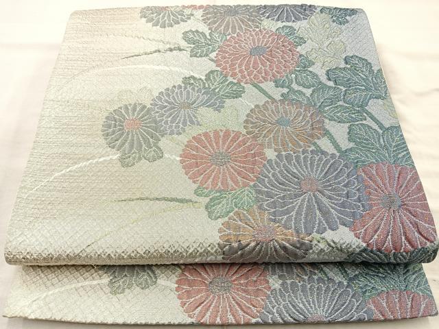 平和屋着物◎六通柄袋帯 ふくれ織 草花文 うるし箔 正絹 逸品 BAAQ9993cm