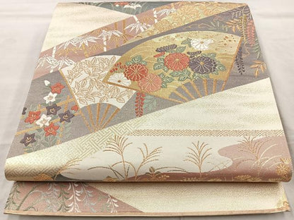 平和屋着物◎六通柄袋帯 唐織 扇面花文 本うるし箔 正絹 逸品 BAAQ9996cm