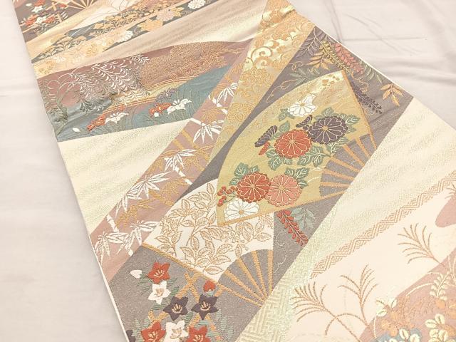 平和屋着物◎六通柄袋帯 唐織 扇面花文 本うるし箔 正絹 逸品 BAAQ9996cm
