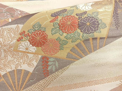 平和屋着物◎六通柄袋帯 唐織 扇面花文 本うるし箔 正絹 逸品 BAAQ9996cm