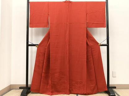 平和屋着物■付下げ　色無地　鹿の子エ霞風景地紋　弁柄色　正絹　逸品　BAAR0216jr