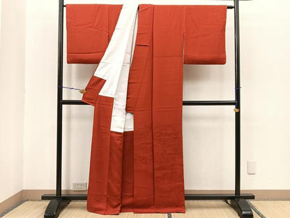平和屋着物■付下げ　色無地　鹿の子エ霞風景地紋　弁柄色　正絹　逸品　BAAR0216jr