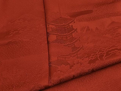 平和屋着物■付下げ　色無地　鹿の子エ霞風景地紋　弁柄色　正絹　逸品　BAAR0216jr
