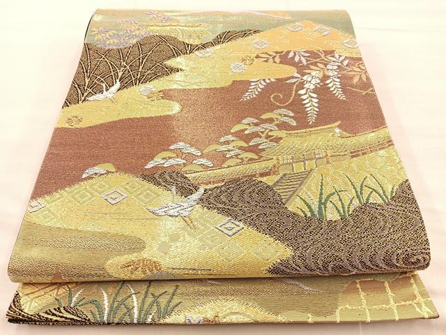 平和屋着物◎六通柄袋帯 唐織 光悦の里 紫峰水明 黒地 金糸 正絹 逸品 BAAR1627if