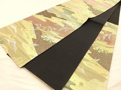 平和屋着物◎六通柄袋帯 唐織 光悦の里 紫峰水明 黒地 金糸 正絹 逸品 BAAR1627if