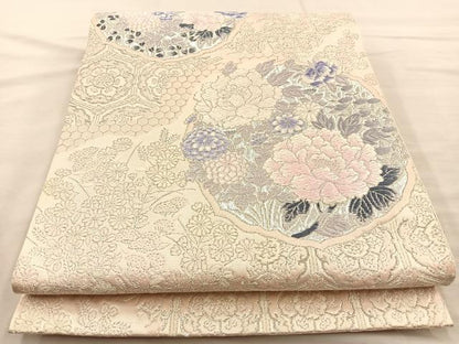 平和屋着物◎六通柄袋帯 唐織 花丸文 銀糸 正絹 逸品 BAAR1632if
