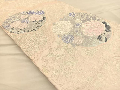 平和屋着物◎六通柄袋帯 唐織 花丸文 銀糸 正絹 逸品 BAAR1632if