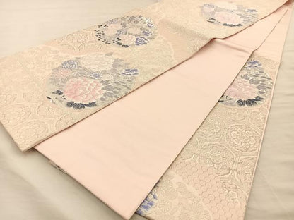 平和屋着物◎六通柄袋帯 唐織 花丸文 銀糸 正絹 逸品 BAAR1632if