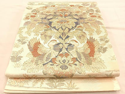 平和屋着物◎六通柄袋帯 向かい鳥花文 金銀糸 正絹 逸品 BAAR1640if