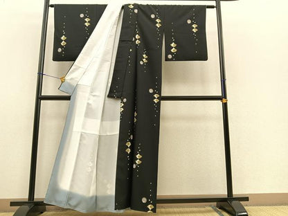 平和屋着物■上質な小紋　舞扇飛鶴文　黒地　金彩　正絹　逸品　BAAR2236by