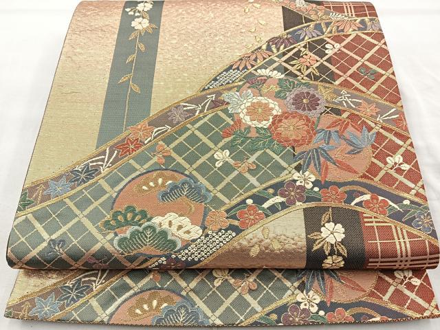 平和屋着物◎六通柄袋帯 唐織 草花文 金糸 正絹 逸品 BAAR2818cm