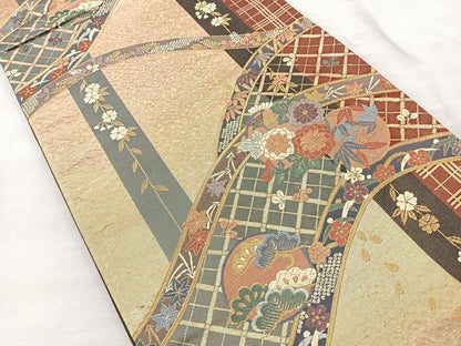 平和屋着物◎六通柄袋帯 唐織 草花文 金糸 正絹 逸品 BAAR2818cm