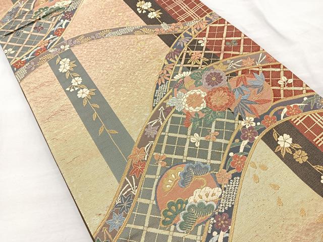 平和屋着物◎六通柄袋帯 唐織 草花文 金糸 正絹 逸品 BAAR2818cm