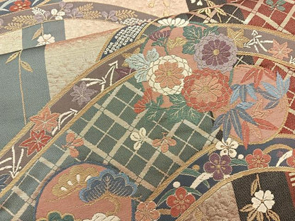 平和屋着物◎六通柄袋帯 唐織 草花文 金糸 正絹 逸品 BAAR2818cm