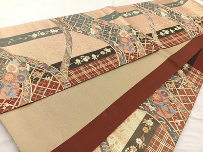 平和屋着物◎六通柄袋帯 唐織 草花文 金糸 正絹 逸品 BAAR2818cm