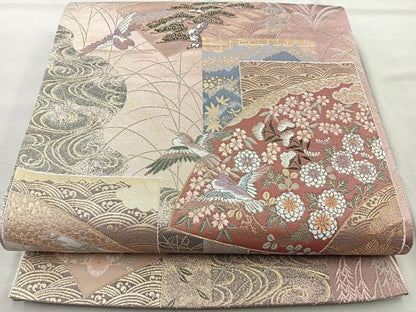 平和屋着物◎六通柄袋帯 唐織 地紙花鳥文 金糸 正絹 逸品 BAAR2821cm