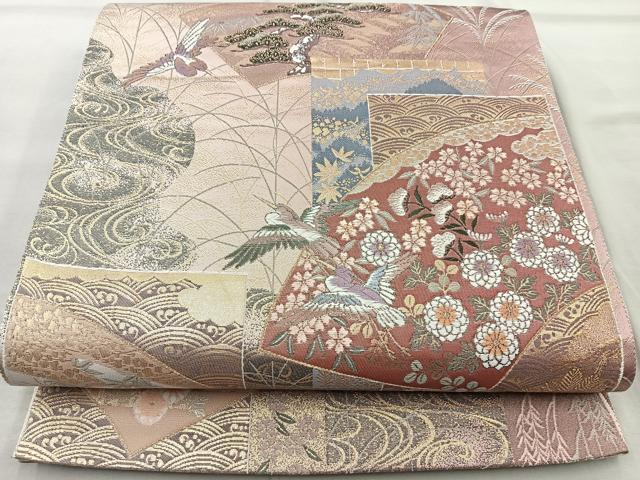 平和屋着物◎六通柄袋帯 唐織 地紙花鳥文 金糸 正絹 逸品 BAAR2821cm