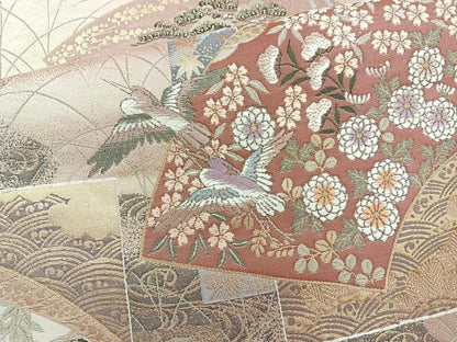 平和屋着物◎六通柄袋帯 唐織 地紙花鳥文 金糸 正絹 逸品 BAAR2821cm