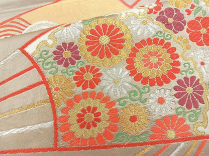 平和屋着物◎西陣の名門　本家加納　六通柄袋帯　唐織　扇面花文　金銀糸　正絹　逸品　BAAR2878cm