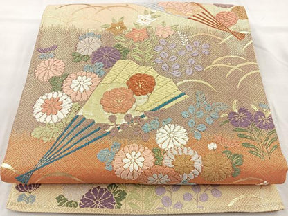平和屋着物◎佐賀錦 六通柄袋帯 唐織 扇面花文 金糸 正絹 逸品 BAAR2885cm