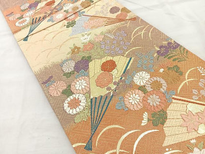 平和屋着物◎佐賀錦 六通柄袋帯 唐織 扇面花文 金糸 正絹 逸品 BAAR2885cm