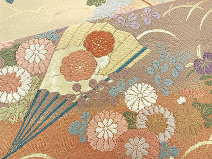 平和屋着物◎佐賀錦 六通柄袋帯 唐織 扇面花文 金糸 正絹 逸品 BAAR2885cm