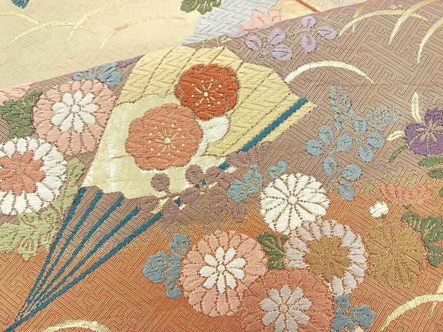 平和屋着物◎佐賀錦 六通柄袋帯 唐織 扇面花文 金糸 正絹 逸品 BAAR2885cm