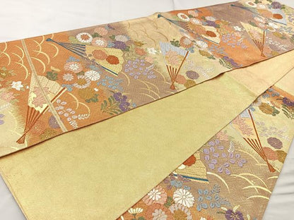 平和屋着物◎佐賀錦 六通柄袋帯 唐織 扇面花文 金糸 正絹 逸品 BAAR2885cm
