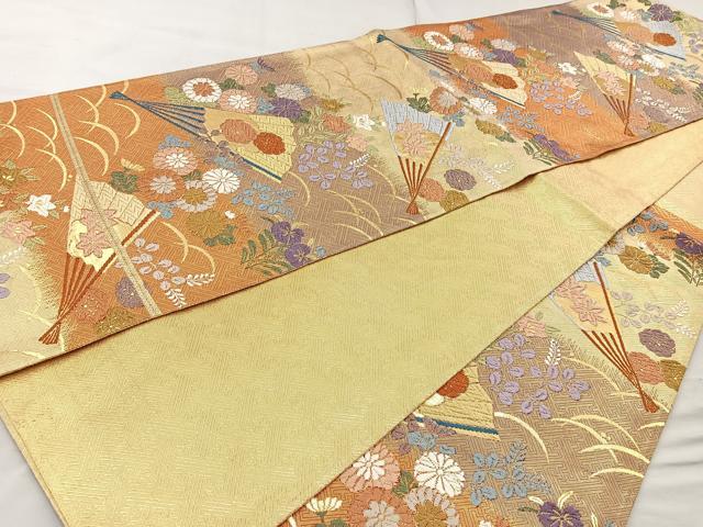 平和屋着物◎佐賀錦 六通柄袋帯 唐織 扇面花文 金糸 正絹 逸品 BAAR2885cm